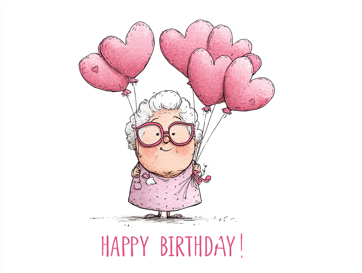 birthday ecards online featuring a cute elderly woman holding pink heart-shaped balloons with a happy birthday message, perfect digital birthday card for her with a warm and playful design