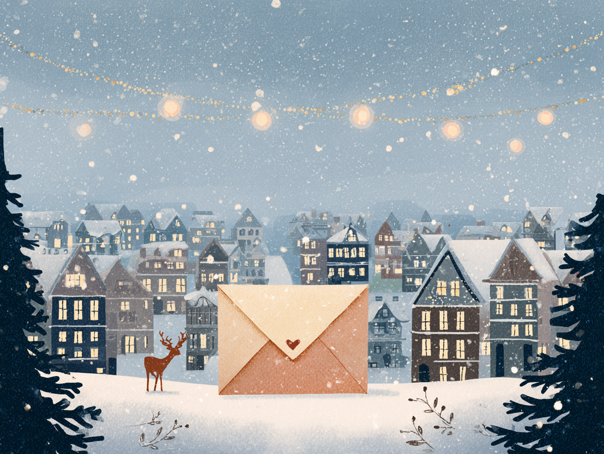 holiday greetings ecards illustration of a snowy winter village with glowing lights and a festive envelope in the foreground, perfect digital holiday card design for personalized Christmas and New Year ecards