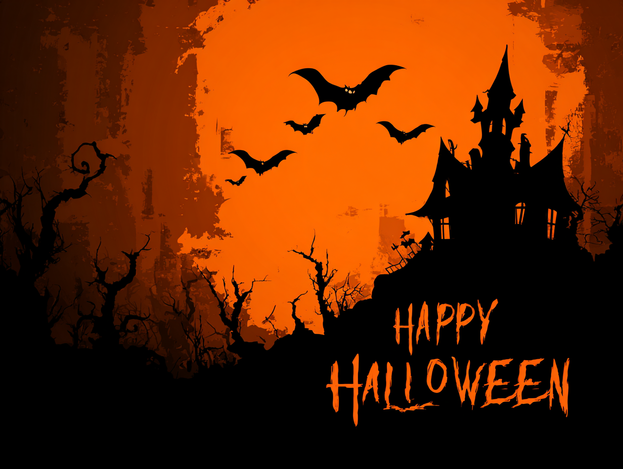 halloween ecards online featuring spooky haunted house with bats flying at night and happy halloween message, perfect digital halloween greeting card for fun and scary holiday wishes