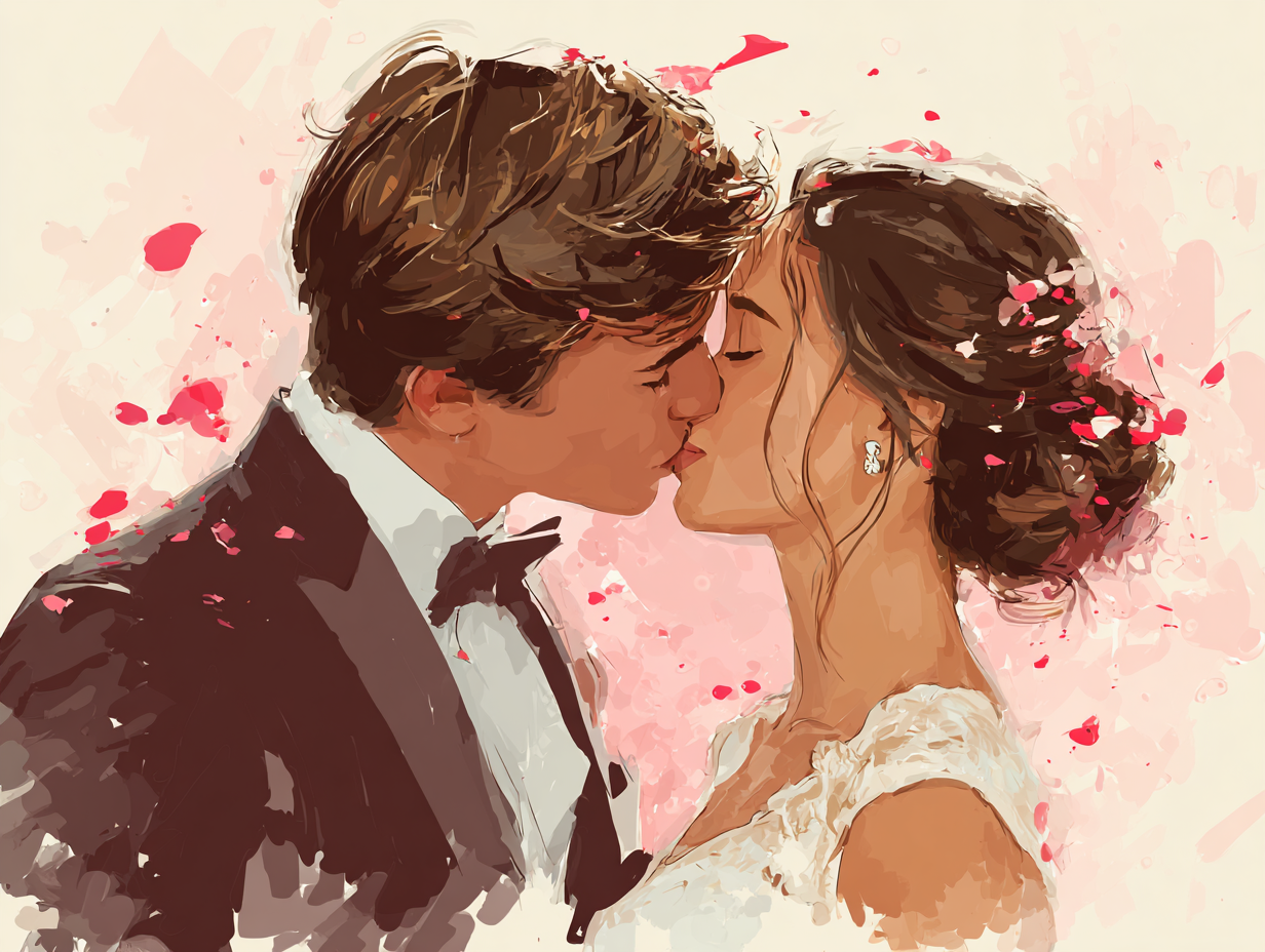 personalised wedding ecards illustration of newlywed couple kissing with romantic pink floral background, perfect digital wedding card for newly married couples with elegant and heartfelt design